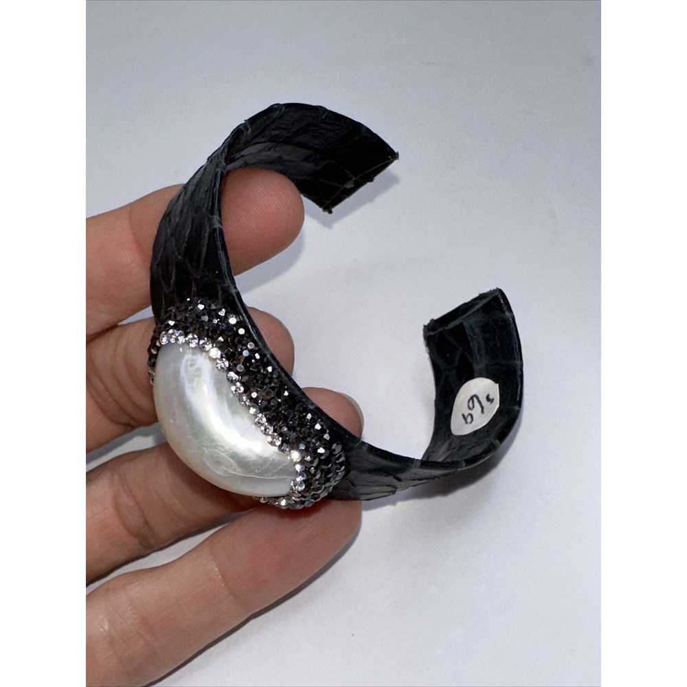 Cuff Bracelet Pearl Shell Black Snakeskin Glitter Stones Halo Handmade - Picture 4 of 11